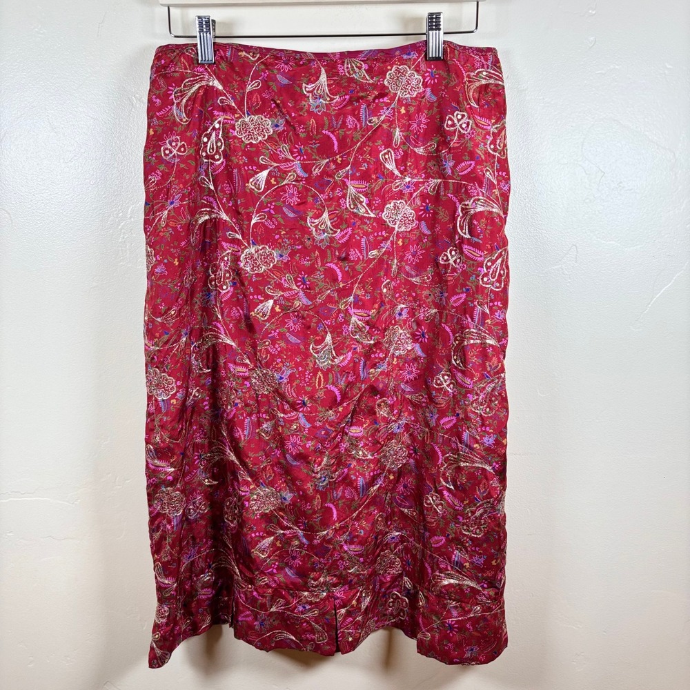 Lena Medoyeff 100% Silk‎ Embroidered Midi Skirt Sz L Red Floral Boho Indie Artsy
